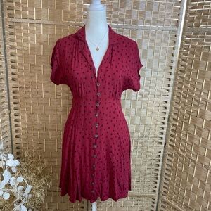 Burgundy Red Button-Front Short Sleeve Dress with Black Floral Print